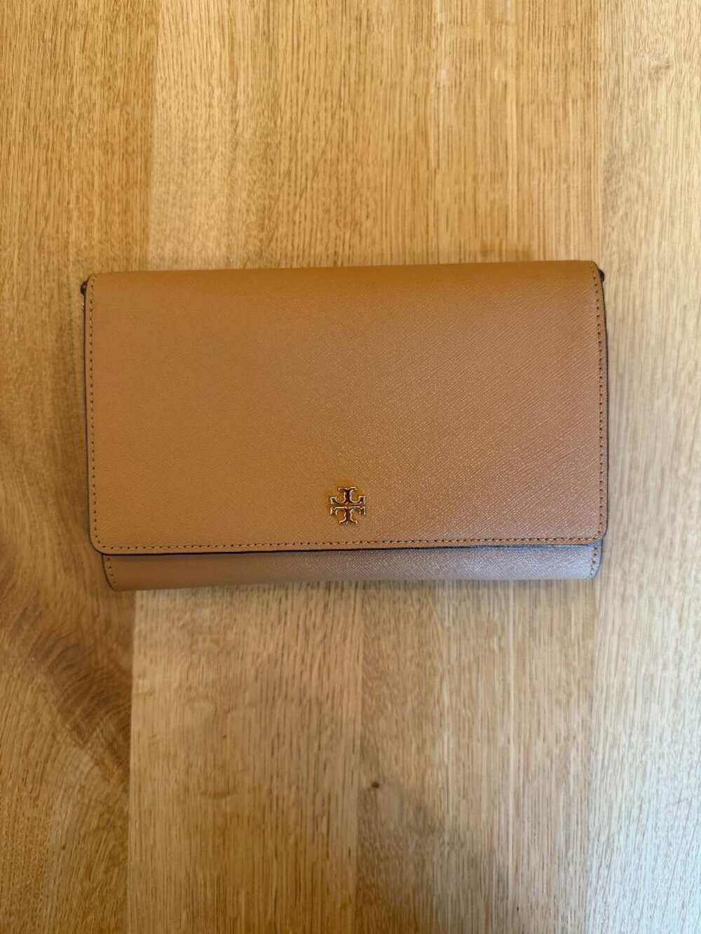 Tory Burch Emerson Saffiano Leather Chain Wallet Crossbody Tan Gold
